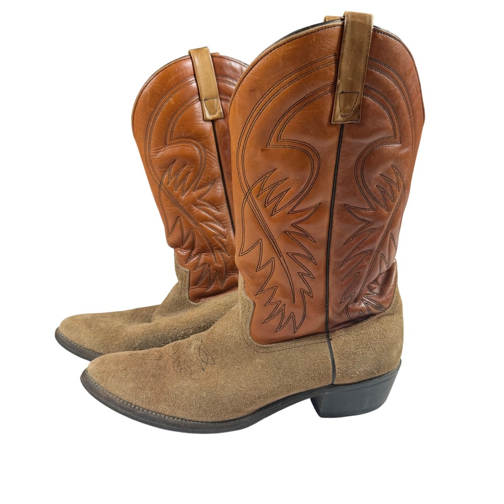 Men's Vintage Western Cowboy Boots Size 12 D Tan Roughout Suede & Brown Leather